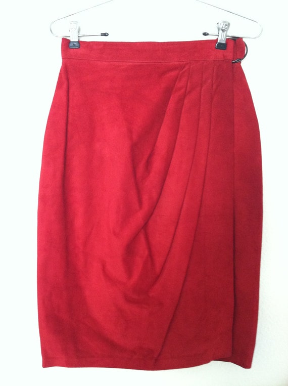 Vintage 80s women skirt red genuine suede leather 