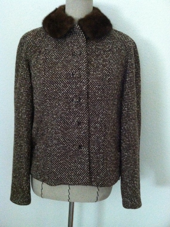 Vintage 50s women jacket brown mink fur collar wov