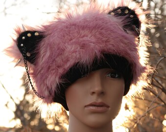 Satin lined cute beanie bear hat with ears, yume kawaii pastel goth furry hat