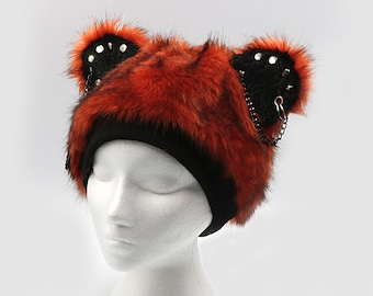 Goth bear beanie adult, dark kawaii satin lined bear hat with ears, harajuku mall goth
