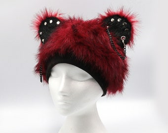 bear head hat, Kawaii goth bear ears satin lined bear beanie, gothic lolita, red faux fur winter hat