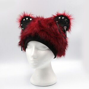 bear head hat, Kawaii goth bear ears satin lined bear beanie, gothic lolita, red faux fur winter hat