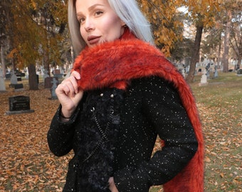 autumn scarf red orange, burnt orange scarf, faux fur scarf, grunge aesthetic, chain and studs