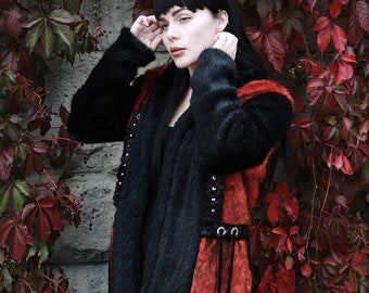 Red faux fur coat, fringe jacket boho goth witch faux fur coat, edgy clothing, fringe jacket, gothic jacket, alt clothing