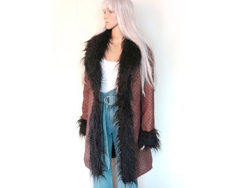 Penny lane coat, almost famous stevie nicks style, 70s inspired faux fur trimmed brocade coat