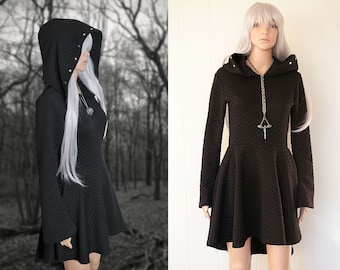 witchy dress, hooded sweater dress, goth pagan witch dress, grunge fairycore