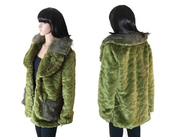 faux fur coat, unique jacket in korean fashion urban streetwear style, green fake fur coat for women, one of a kind