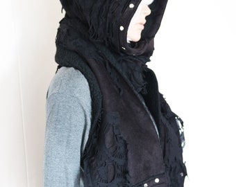 Oversized hood, distressed black scarf, goth hood, witch punk, post apocalyptic, gothic hood, cyberpunk chic, dystopian, UNISEX Oversized hood, distressed black scarf, goth hood, witch punk, post apocalyptic, gothic hood, cyberpunk chic, dystopian, UNISEX