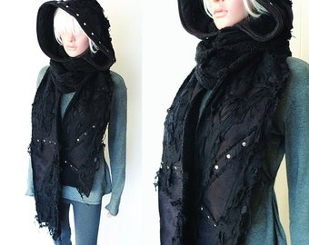 Oversized hood, distressed black scarf, goth hood, witch punk, post apocalyptic, gothic hood, cyberpunk chic, dystopian, UNISEX