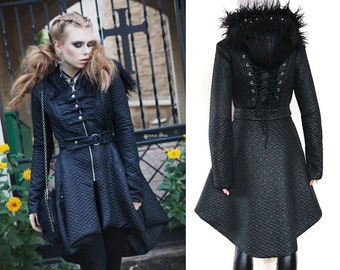 Romantic goth quilted jacket, swing coat, victorian vampire corset black hooded gothic coat