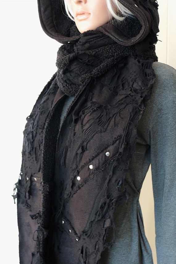 Oversized Hood, Distressed Black Scarf, Goth Hood, Witch