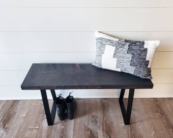 Farmhouse Bench, Handmade Rustic Bench, Handmade Entryway Bench, Black Metal Trapezoid Bench, Industrial Bench