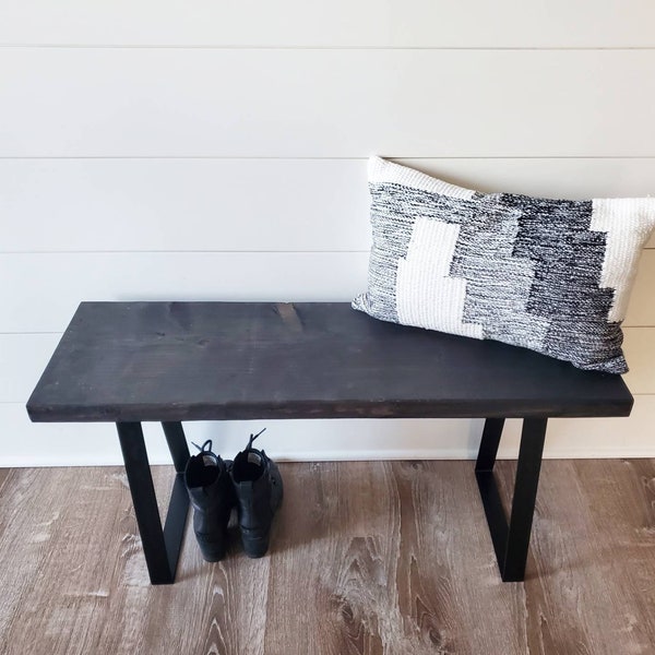 Farmhouse Bench, Handmade Rustic Bench, Handmade Entryway Bench, Black Metal Trapezoid Bench, Industrial Bench