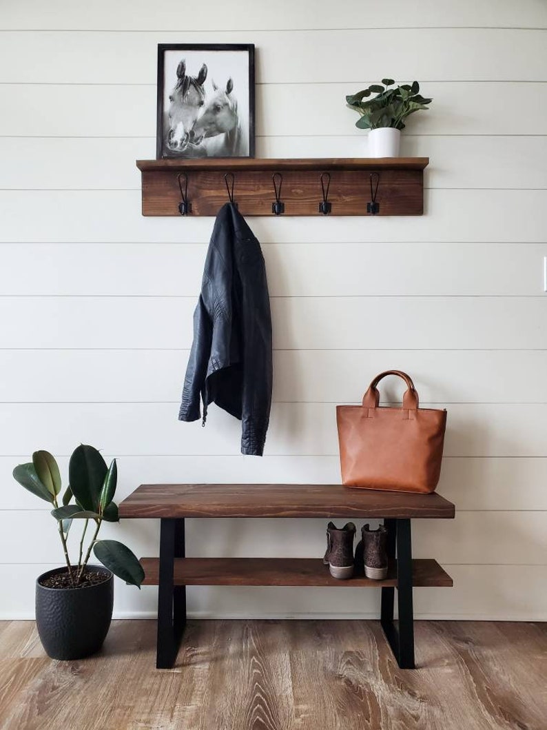 Farmhouse Bench, Handmade Rustic Bench, Handmade Entryway Bench, Black Metal Trapezoid Bench, Industrial Bench image 4