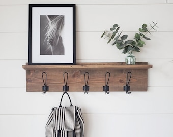 Rustic Pine Coat Rack Shelf, Entryway Organizer with Black Hooks
