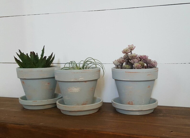Aged Planters Blue Painted Pots Farmhouse Painted Pots Succulent Planter Herb Pots Set of 3 Herb Planters Distressed Planters