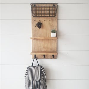 Handmade Pine Wood Entryway Organizer, Key Hanger with Wire Basket