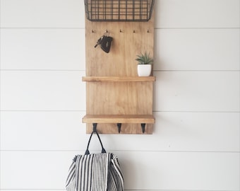 Handmade Pine Wood Entryway Organizer, Key Hanger with Wire Basket