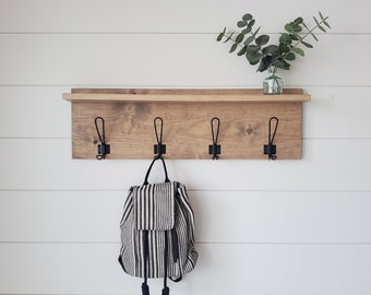 Rustic Pine Coat Rack Shelf, Wall Mount Entryway Organizer
