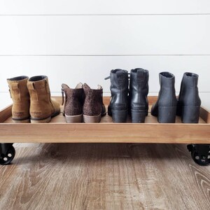 Farmhouse Boot Storage, Wooden Boot Tray With Wheels, Rustic Shoe