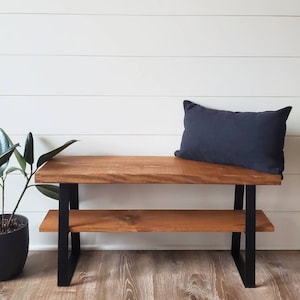 Farmhouse Bench, Handmade Rustic Bench, Handmade Entryway Bench, Black Metal Trapezoid Bench, Industrial Bench