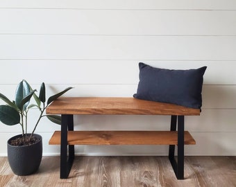 Farmhouse Bench, Handmade Rustic Bench, Handmade Entryway Bench, Black Metal Trapezoid Bench, Industrial Bench