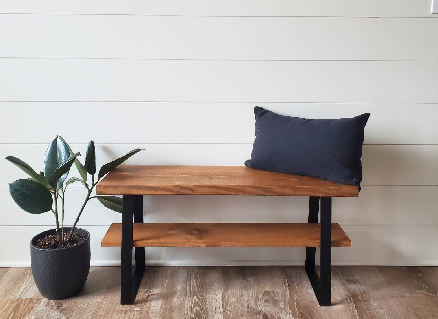 Farmhouse Bench, Handmade Rustic Bench, Handmade Entryway Bench, Black Metal Trapezoid Bench, Industrial Bench