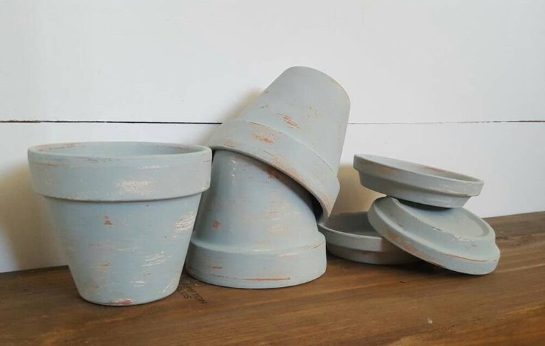 Aged Planters Blue Painted Pots Farmhouse Painted Pots Succulent Planter Herb Pots Set of 3 Herb Planters Distressed Planters