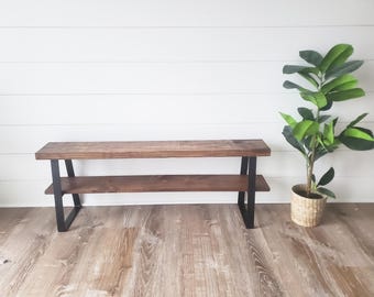 Farmhouse Bench, Handmade Rustic Bench, Handmade Entryway Bench, Black Metal Trapezoid Bench, Industrial Bench