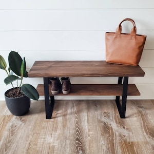 Farmhouse Bench, Handmade Rustic Bench, Handmade Entryway Bench, Black Metal Trapezoid Bench, Industrial Bench