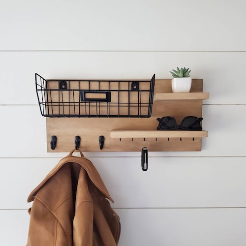 Entryway Organization Shelf With Hooks Key Holder for Wall Etsy