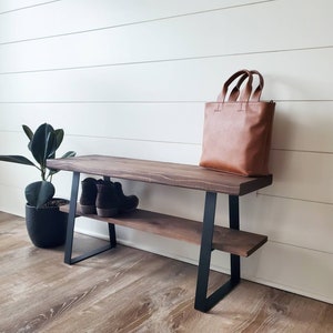 Farmhouse Bench, Handmade Rustic Bench, Handmade Entryway Bench, Black Metal Trapezoid Bench, Industrial Bench image 3