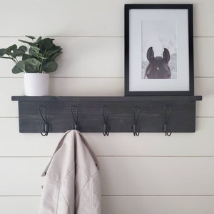 May include: A black wooden shelf with five metal hooks, a black and white photo of a horse's head, and a potted plant with green leaves.