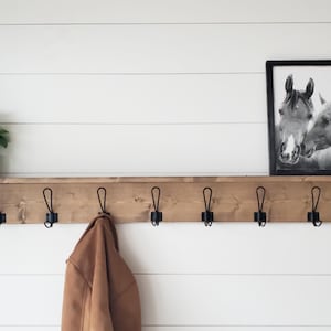 Rustic Pine Wall Coat Rack with Shelf, Farmhouse Style
