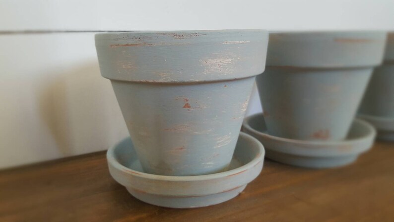 Aged Planters Blue Painted Pots Farmhouse Painted Pots Succulent Planter Herb Pots Set of 3 Herb Planters Distressed Planters