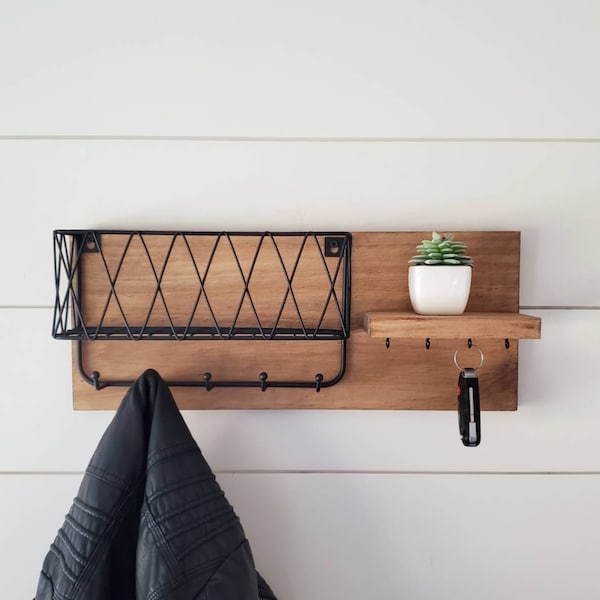 Farmhouse Mail and Key Holder, Rustic Entryway Organizer with Shelf