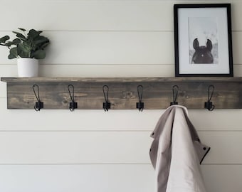 Handmade Rustic Pine Coat Rack with Shelf, Farmhouse Style