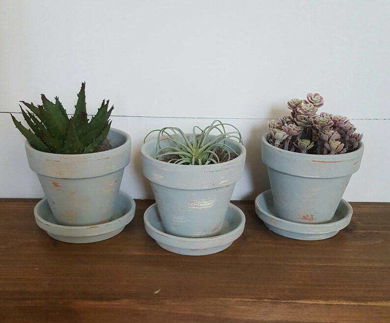 Aged Planters Blue Painted Pots Farmhouse Painted Pots Succulent Planter Herb Pots Set of 3 Herb Planters Distressed Planters