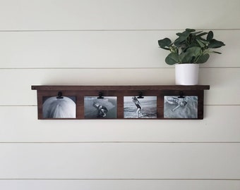 Wood Photo Board, Rustic Photo Board with Shelf, Picture Frames with Clips, Family Photo Frame, Photo Wall Display, Clip Frame