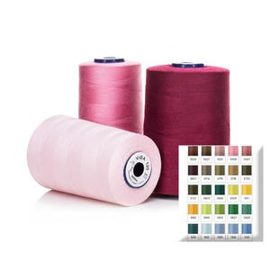 May include: Three spools of thread in shades of pink and burgundy are shown against a white backdrop. A colour chart with various thread colours is also visible. The thread spools are labelled with the brand "VIGA".