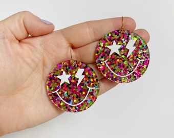 Smiley Face Confetti Glitter Earrings