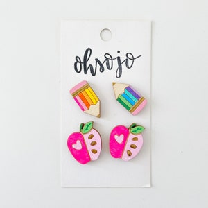 Pink. Apples and Rainbow Pencil Teacher Earring set
