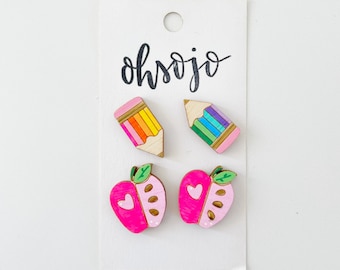 Pink. Apples and Rainbow Pencil Teacher Earring set
