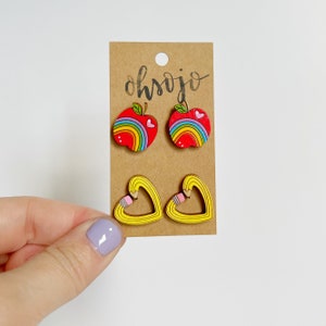 Rainbow Red Apples and Yellow Heart Pencil Teacher Earring set