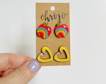 Rainbow Red Apples and Yellow Heart Pencil Teacher Earring set