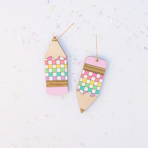 Pastel Rainbow Checker Teacher Pencil Earrings