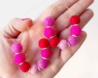 Red and Pink Pom Pom Hoops