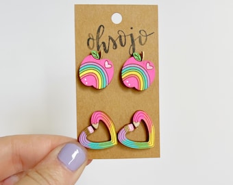 Rainbow Pink Apples and Heart Pencil Teacher Earring set