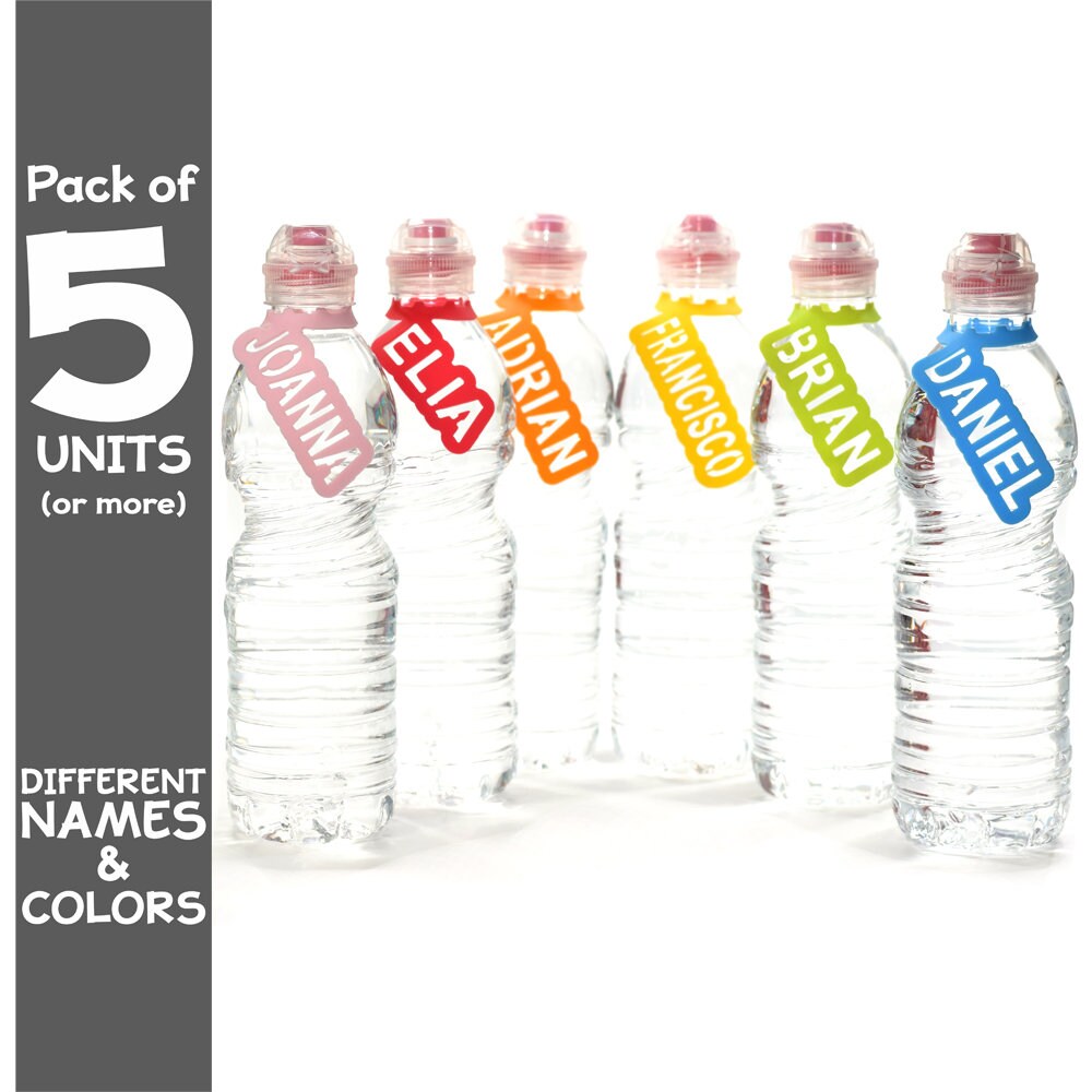 Name Labels for Water Bottle. Personalized Silicone Name Tags for School, Daycare and Kindergarten Children. Pack of 5 units.
