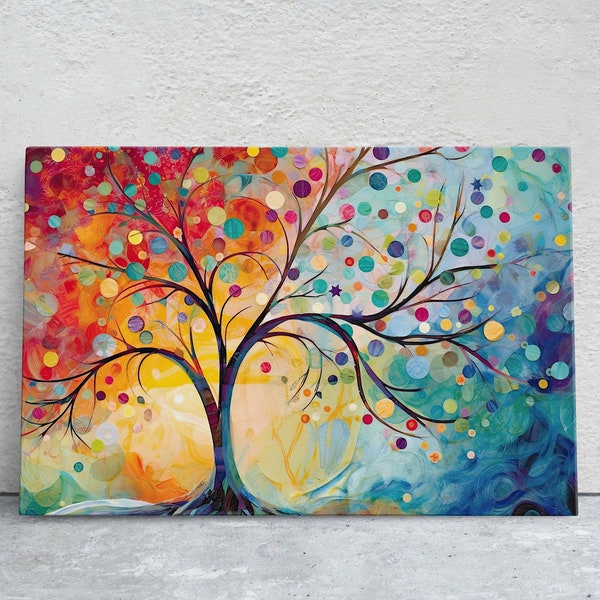 Árbol de la Vida, Arte abstracto de árboles, Árbol del conocimiento, Arte moderno de árboles, Decoración llamativa, Colores brillantes, Árbol en flor, Arte mural de gran formato, Bosque colorido